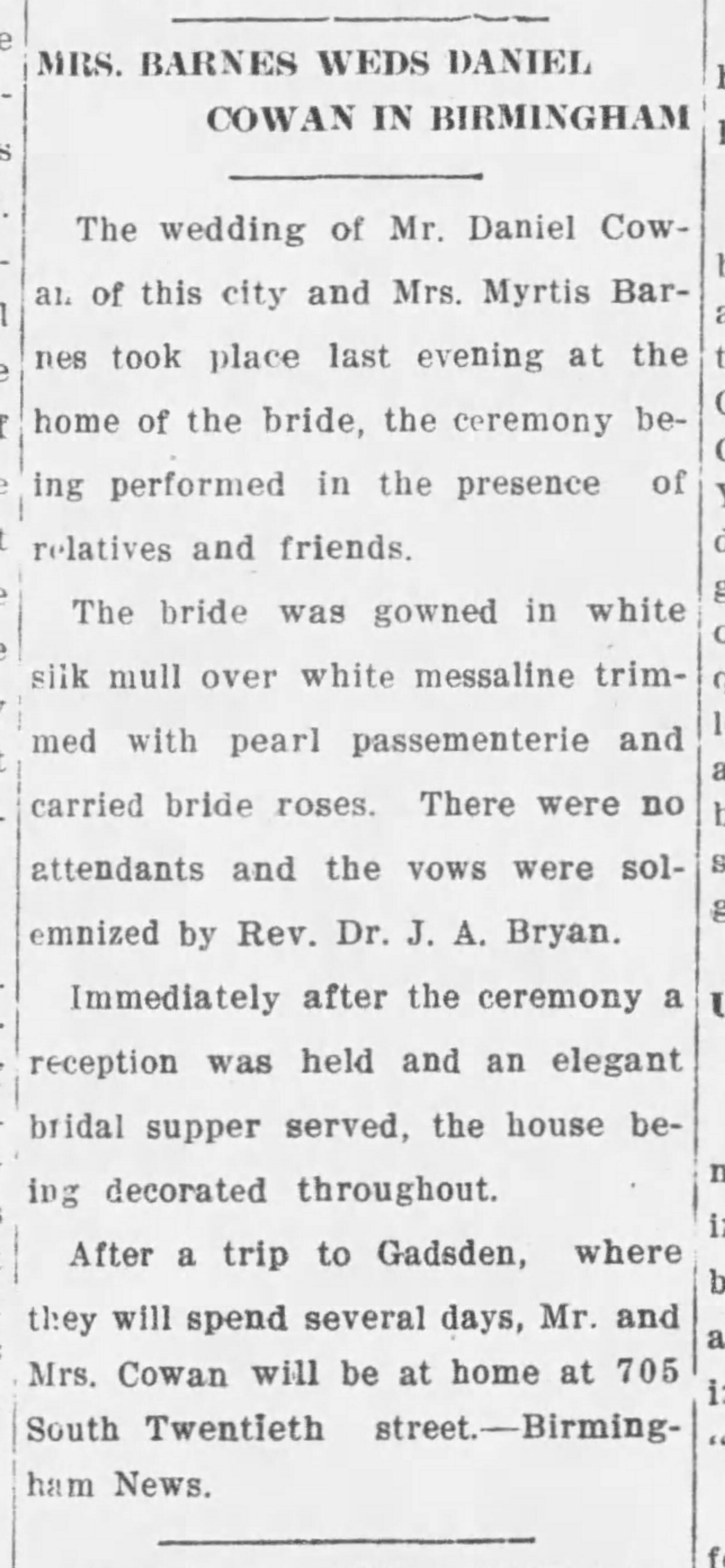 Mrs. Barnes Weds Daniel Cowan in Birmingham